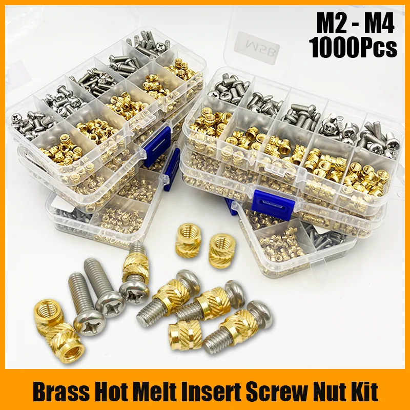 Brass Insert Nut Hot Melt Heat Knurled Embed Injection Copper Insertnut and Stainless Steel Screw 3D Print Plastic M2 M1.6 M3 M4