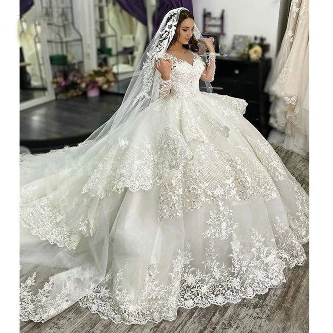 Wedding Dress Sexy V-neck Lace A-Line Bridal Gown with Court Train Customized