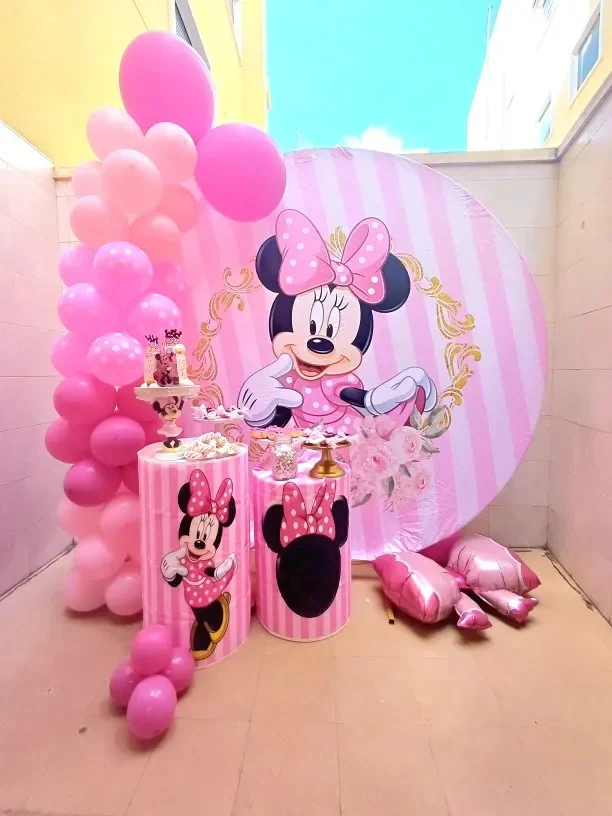 Cute Pink Red Minnie Mouse Elasticity Round Backdrop Cover For Girls Newborn Baby Shower 1st Birthday Party Circle Backgrounds