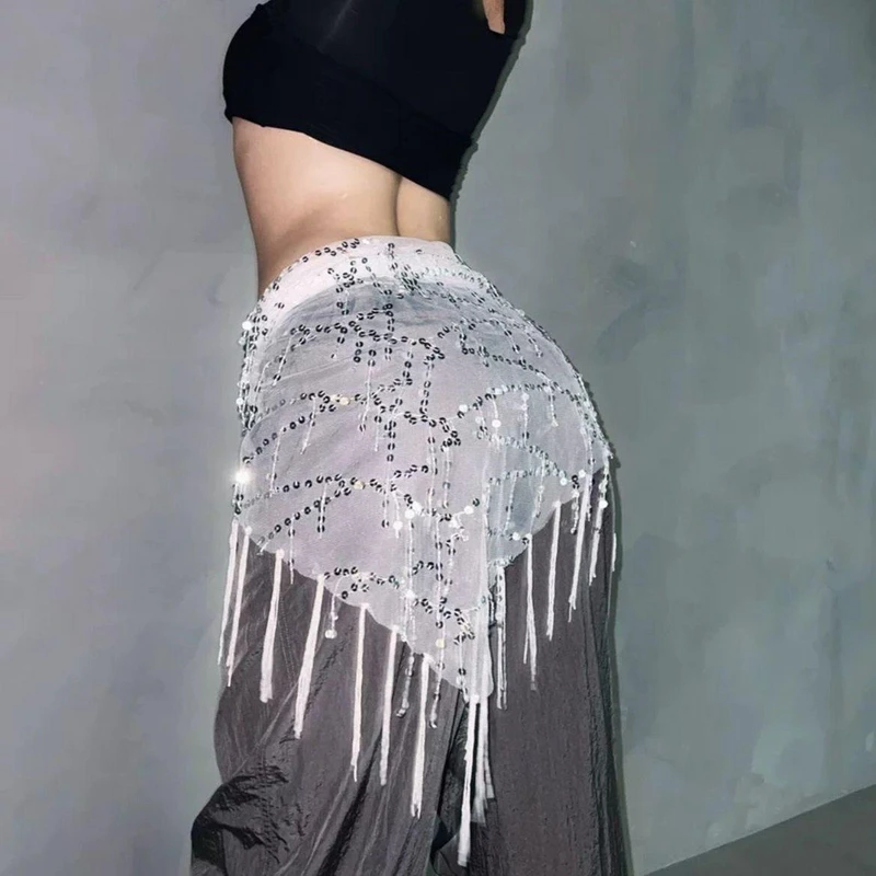 Women Sheer Waist Scarf Belt Sequin Tassel Wrap Mini Skirt Y2K Asymmetrical Sparkly Fringe Coquette Sequined Triangle Hip Scarf