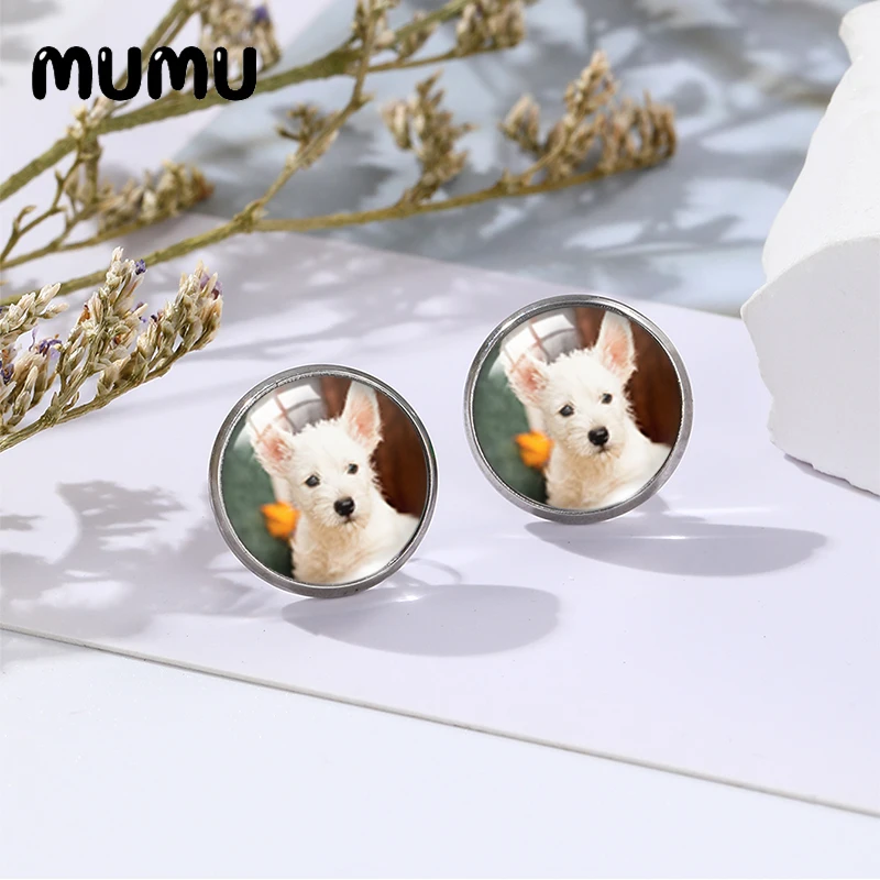 2023 New Westie Dog Earring Little White Dogs Stud Earrings Glass Dome Cabochon Jewelry 12mm Round For Freinds