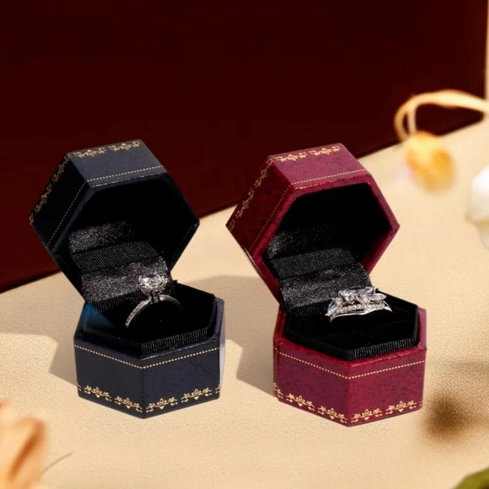 Retro Hexagonal Mini Ring Box Flip Cover Print Pattern Gift Packaging Case Compact Jewelry Organizer Box For Wedding Ceremony