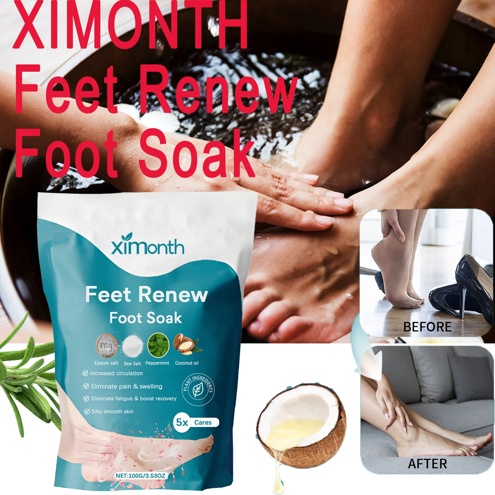 

XIMONTH Feet Оновление замачивания ног Сприятие кровообращения в ногах Мягко удаляет омертвевшую кожу Мягкие ингредиенты Успокаивающие 100 г
