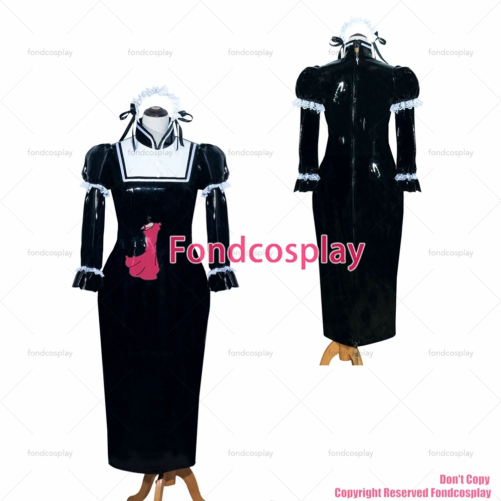 

fondcosplay adult sexy cross dressing sissy maid long French Lockable Black heavy PVC Dress Uniform Costume CD/TV[G3986]