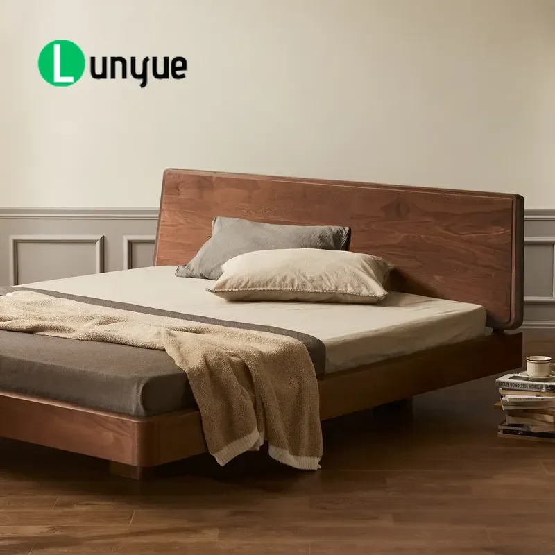 Light Luxury Solid Wood Bed Queen King Size Black Walnut Bedroom Furniture Modern Minimalist Durable Frame Home Decor