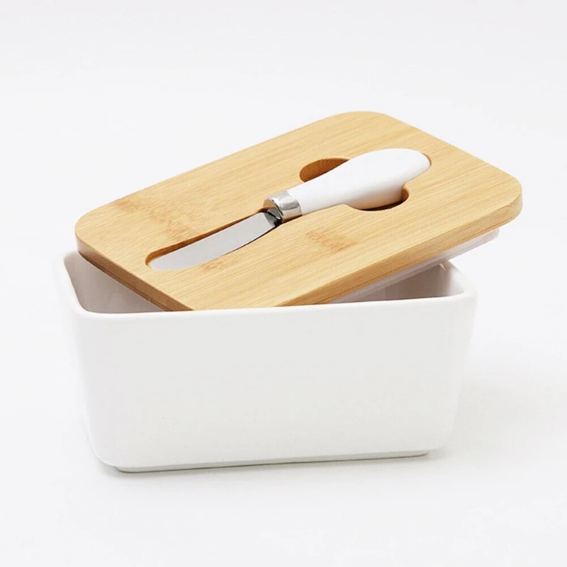 

Nordic Ceramic Butter Box Wood Cover with Knife Butter Sealing Plate Storage Tray Dish Cheese Kitchen Food Container Butter Dish