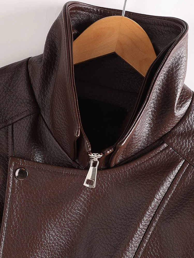   Giacca da donna in vera pelle di pecora Ning, modello casual e ampio, stile biker, nuova collezione autunnale, con cerniera e maniche corte.