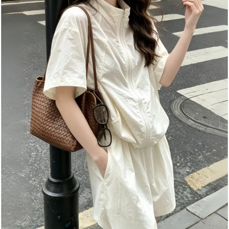 Lazy Wind Thin Suit Women's Summer Fashion Short-sleeved Stand-up Collar Two-piece Set