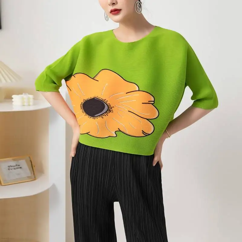 

Faionable Pleated Crewne Tirt Women's Summer New Sle round Ne Seven Sve Polyester Fiber 00% Commute Sle