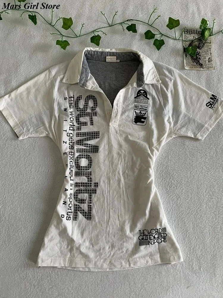 Y2K Japanese Streetwear Polo Shirt Women Slim Crop Tee 2025 White Short Sleeve Tops Letter Badge Houndstooth Vintage Harajuku