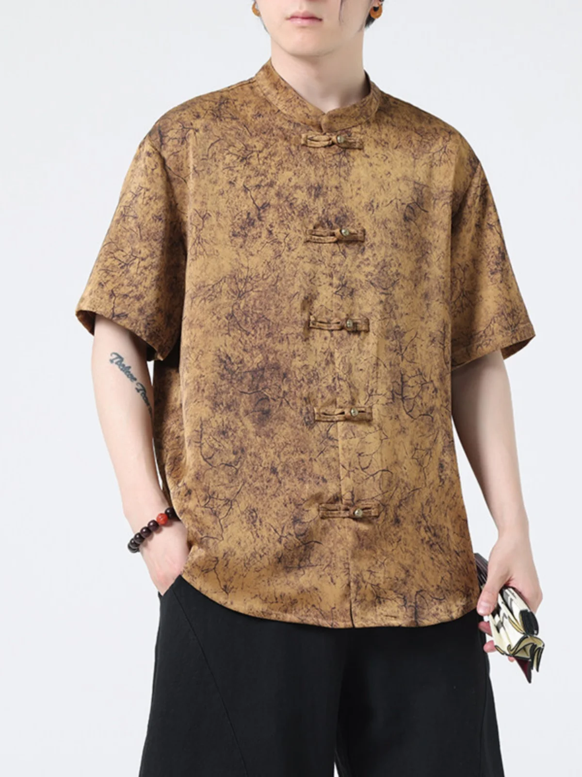 

Ice Silk ort Sve Men's irt Summer Drapey f Sve Button up Retro Tang Costume New Chinese Sle Thin Youth Faion