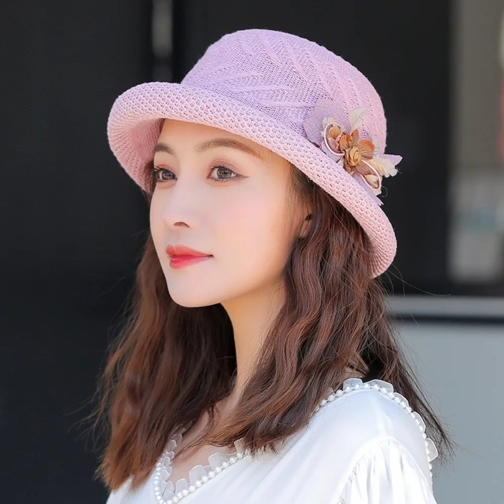 

New Breathable Straw Bucket Hats Dome with Knot Flower Woven Basket Hat Wedding Fascinator Hat for Women