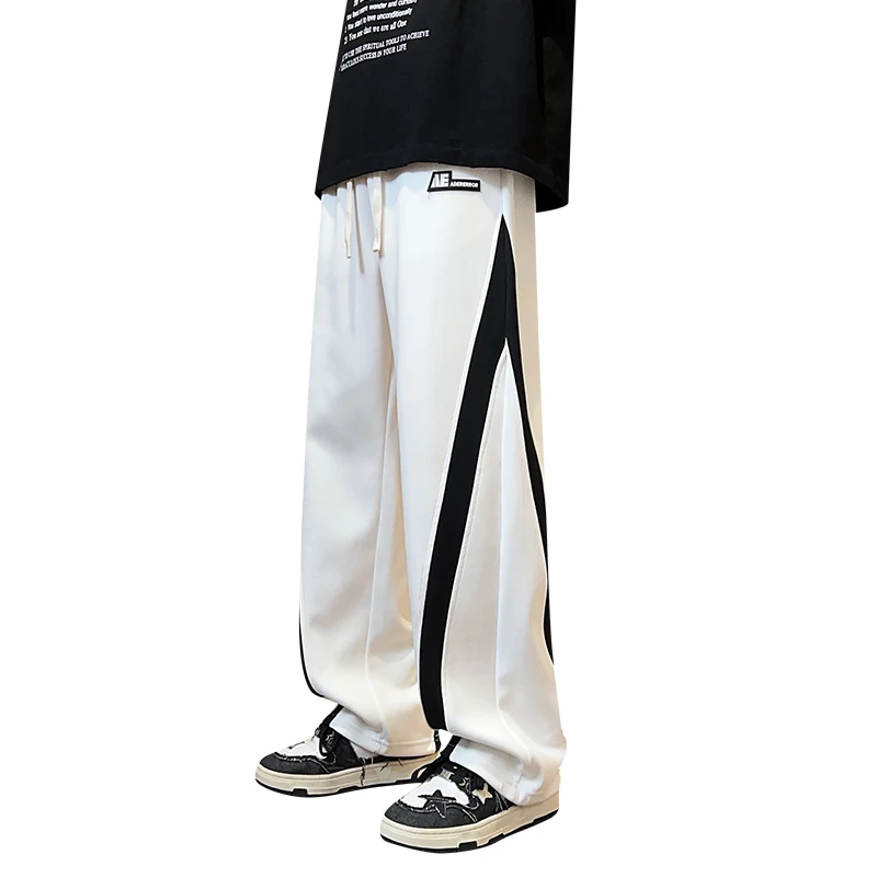Men's Spring Autumn Elastic and High Waisted Drawstring Solid Pockets Casual Loose Straight Trousers Office Lady Vintage Pants