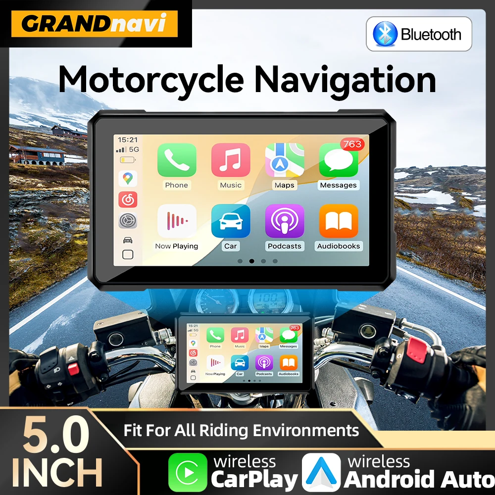 

5 inch GPS Navigation Portable Full Screen Motorcycle Wireless Carplay Android Auto IP67 Waterproof Bluetooth Moto Motorbike