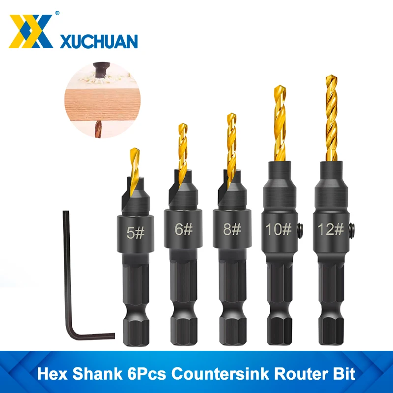 XUCHUAN Hex Shank HSS Countersink Woodworking Router Bit Set Screw Extractor Remon Demolition Pilot Holes for Wood PVC Pipe