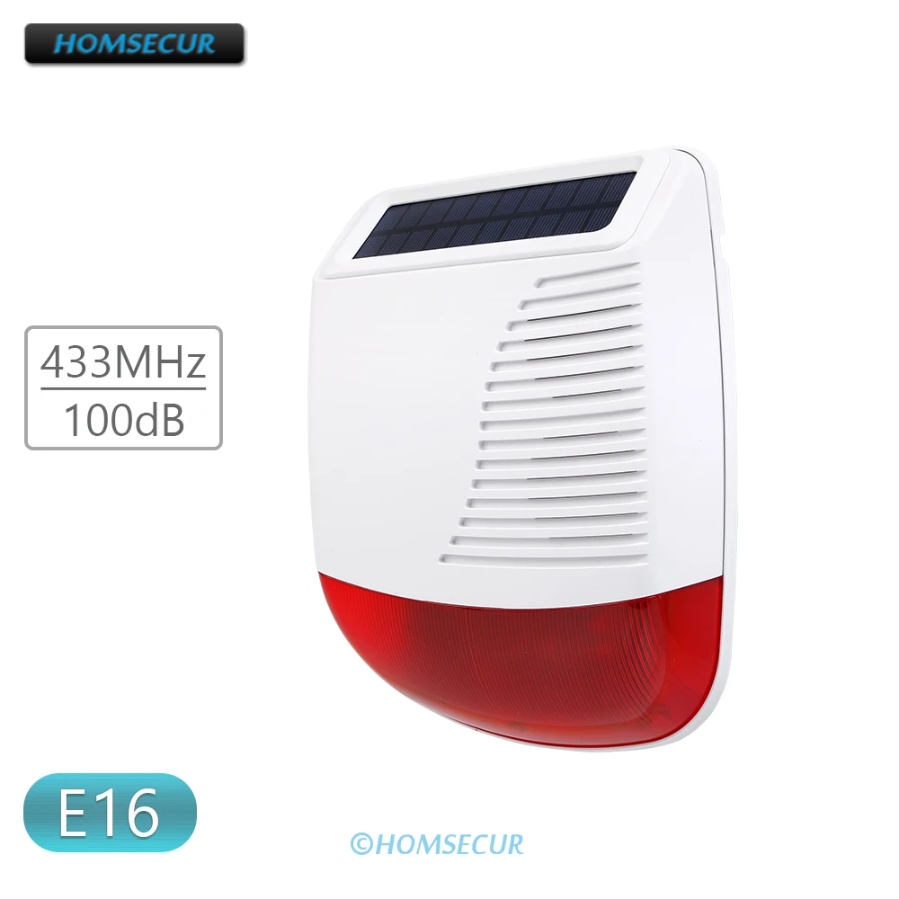 E16 433MHz Wireless Solar Powered Outdoor Strobe Siren 100dB for HOMSECUR 4G/3G Home Security Burglar Alarm System