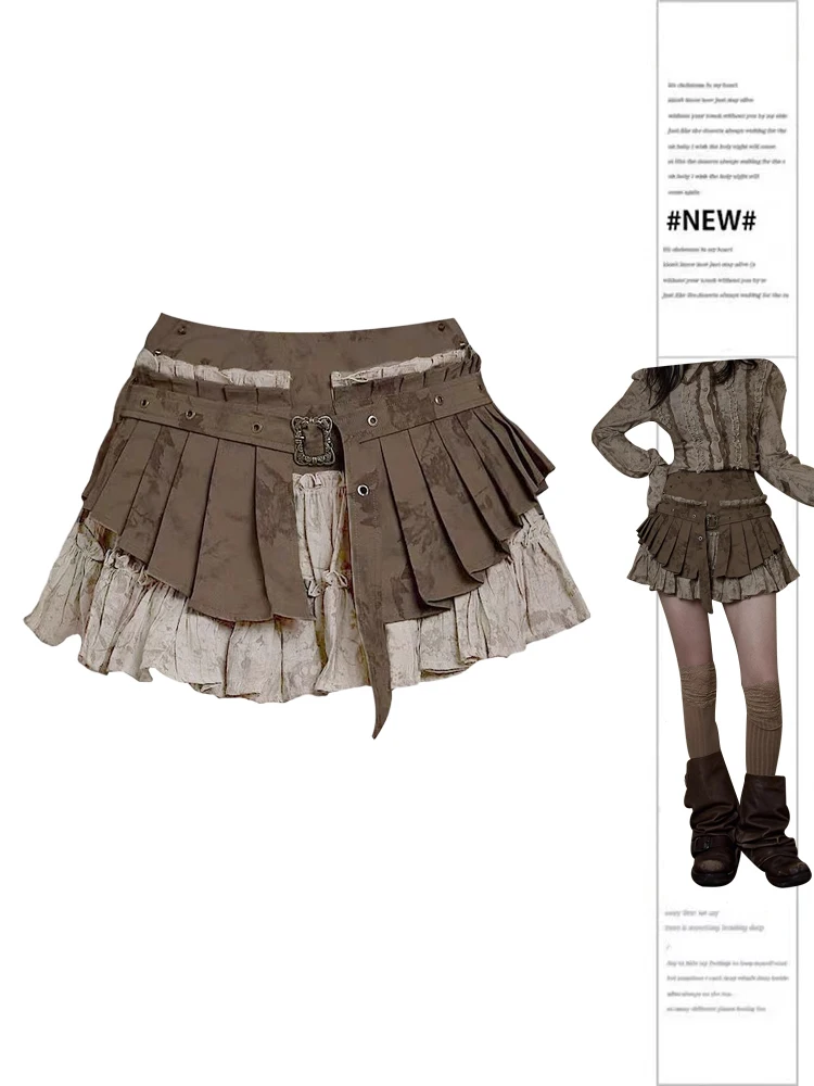 Women Patchwork A-line Pleated Skirt Vintage Y2k Wasteland Style Mini Skirt Harajuku Korean Skirt 2000s Chic Clothes 2024 Summer