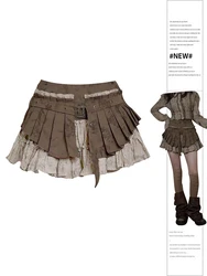 Women Patchwork A-line Pleated Skirt Vintage Y2k Wasteland Style Mini Skirt Harajuku Korean Skirt 2000s Chic Clothes 2024 Summer