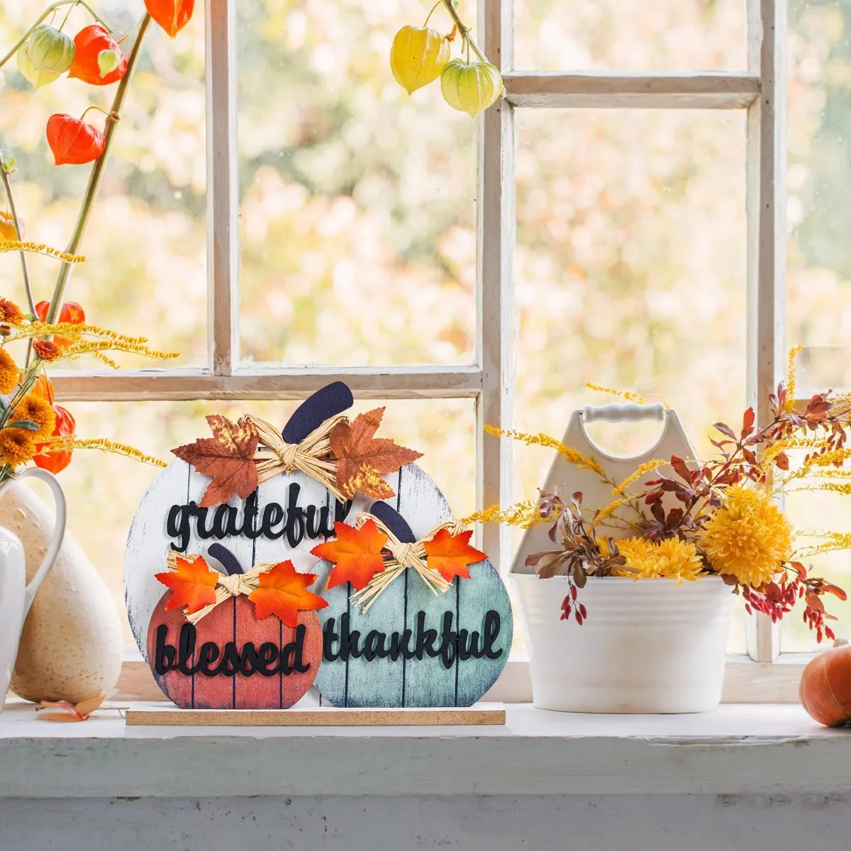 Wooden Pumpkin Fall Thanksgiving Table Decor Handmade Autumn Pumpkin 3D Letter for Farmhouse Blessed Grateful Thankful Decor