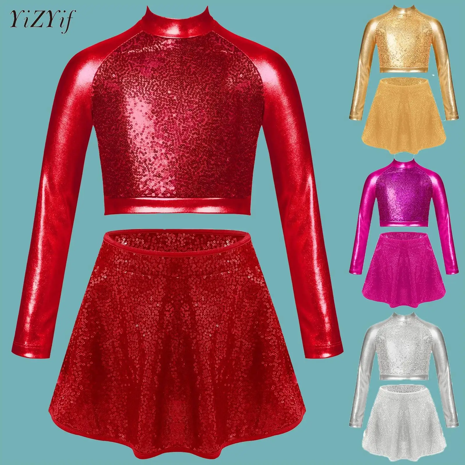 

Kids Girls Jazz Dance Costumes One Shoulder Crop Top with Skirt Sets Ballet Modern Hip Hop Dancewear Stage Performance Clothes