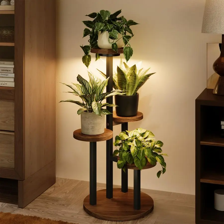 

Подставка для растений с фитолампами, высокая металлическая деревянная полка для растений, угловая подставка для растений для дома и улицы, столик-стеллаж для комнатных растений