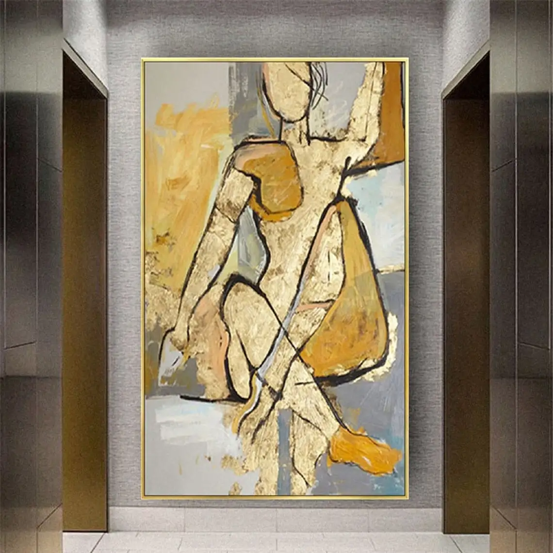 Golden Figure Outline Hand Painted Oil Painting Large Modern Abstract Figures Wall Art Home Decor For Living Room Office Gifts