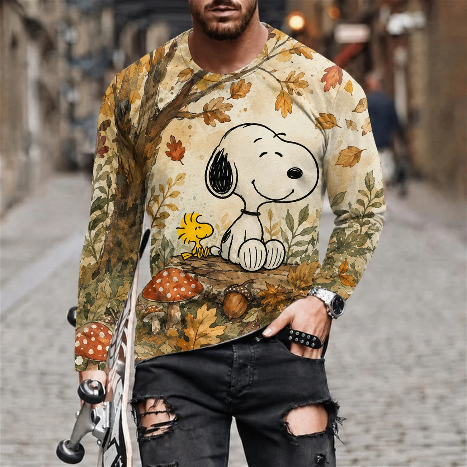 Herren Snoopy Woodstock Langarm-T-Shirt Peanuts Cartoon Grafik-T-Shirt Y2K Streetwear Casual Top – Detail 7