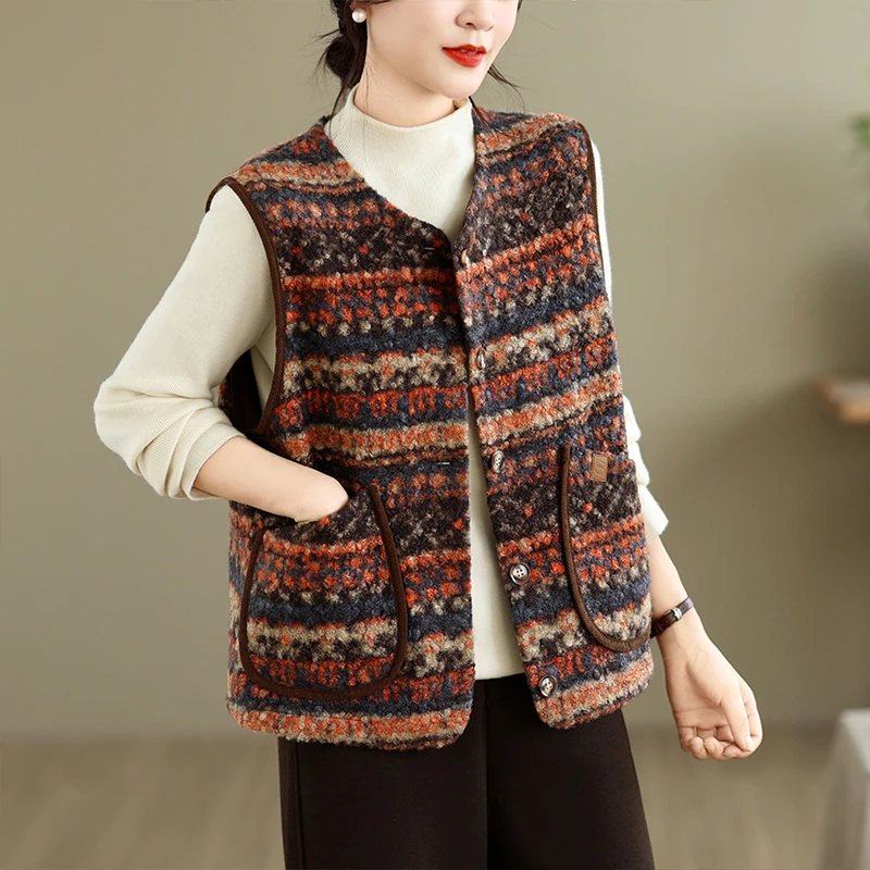 Retro Design Short Women's Vest Autumn Winter New Style Button up Warm Polyester Fiber Commute Style Striped Faux Lamb Fur