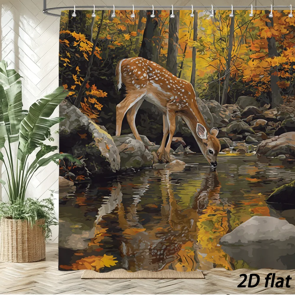 Autumn Deer by Pond Forest Scene Shower Curtain - Woodland Wildlife Nature Bathroom Decor