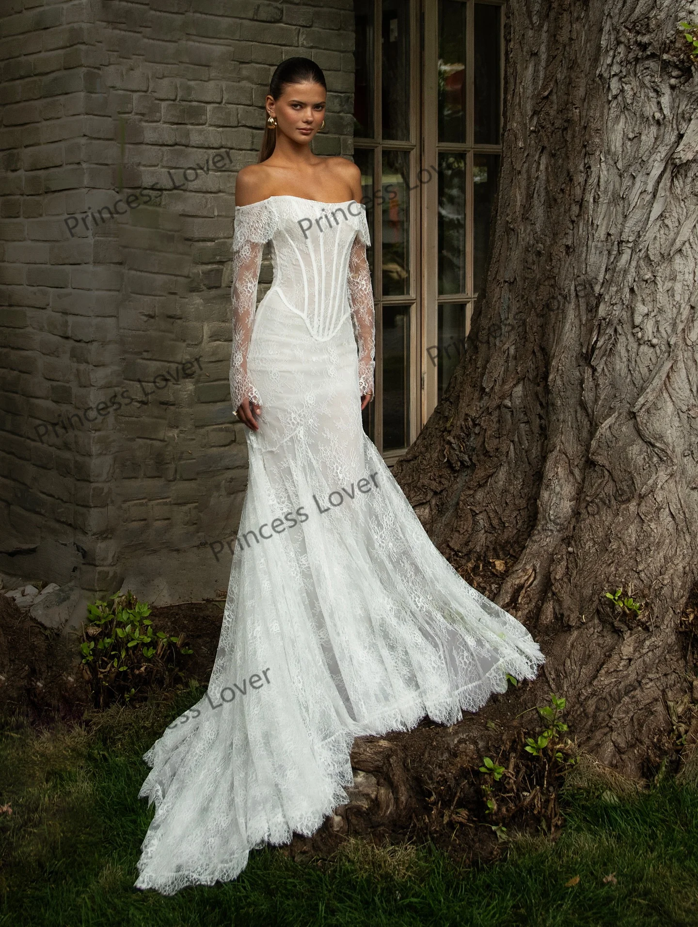 Zeemeermin trouwjurken off-shoulder kanten korset vestido de novia lange mouwen op maat gemaakte robe de soirée