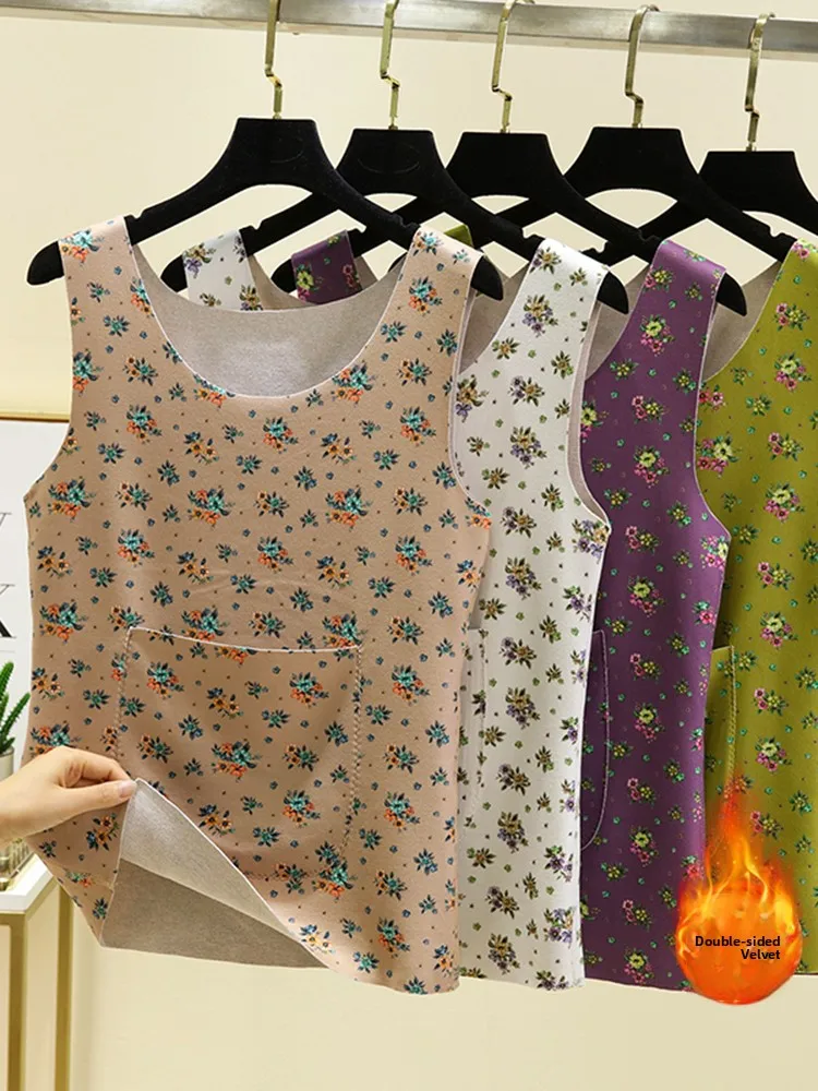 Women's Thermal Fleece Vest Floral Print Inner Wear Autumn Winter Warm Uterus Design Large Size Mid-Aged And Elderly Anti-Col...