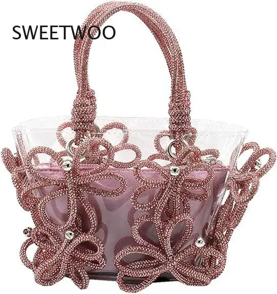 2026 New Womens Rhinestone Embellished Pvc Tote Bag Handmade Flower Design Clear Handbag for the Party.