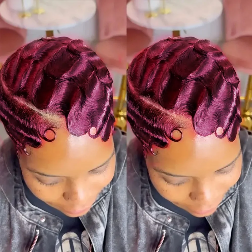 

Short Black 99j Bob Pixie Cut 13x4 Lace Front Human Hair Wig Finger Wave Texture Natural Look Short Hair Wigs