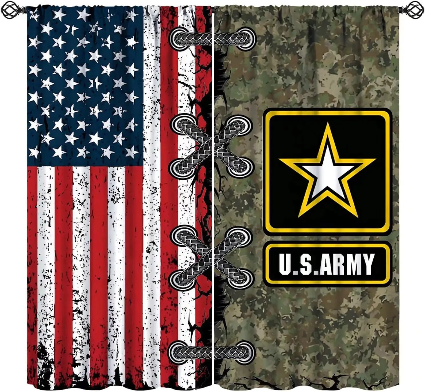American Flag Curtains for Boys, Army Green Camo Vintage Stripe US Flag Print Window Curtains for Farmhouse Kitchen Bedroom