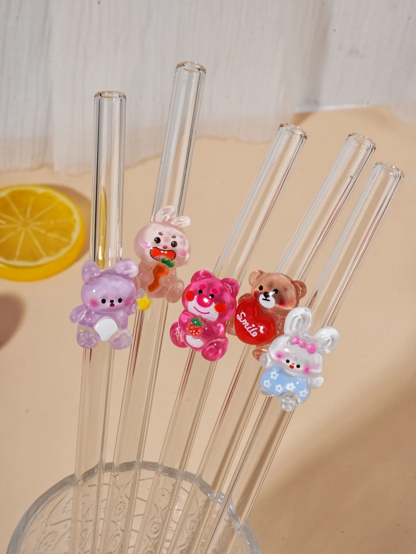 1/6PCS Curved Glass Straw Set, Cute Animal Design Decor, Reusable, Universal for Drinks, Perfect Party Gift