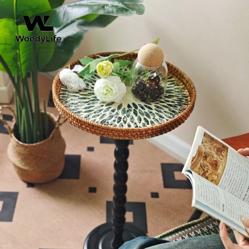 Rattan Solid Wood Small Edge Table Coffee Table Corner Few Round Table Leisure Living Room Bay Window Bedroom