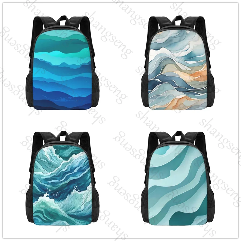 blue white ocean wave Large capacity printed schoolbag boys girls backpack teenagers students leisure travel commuter backpack
