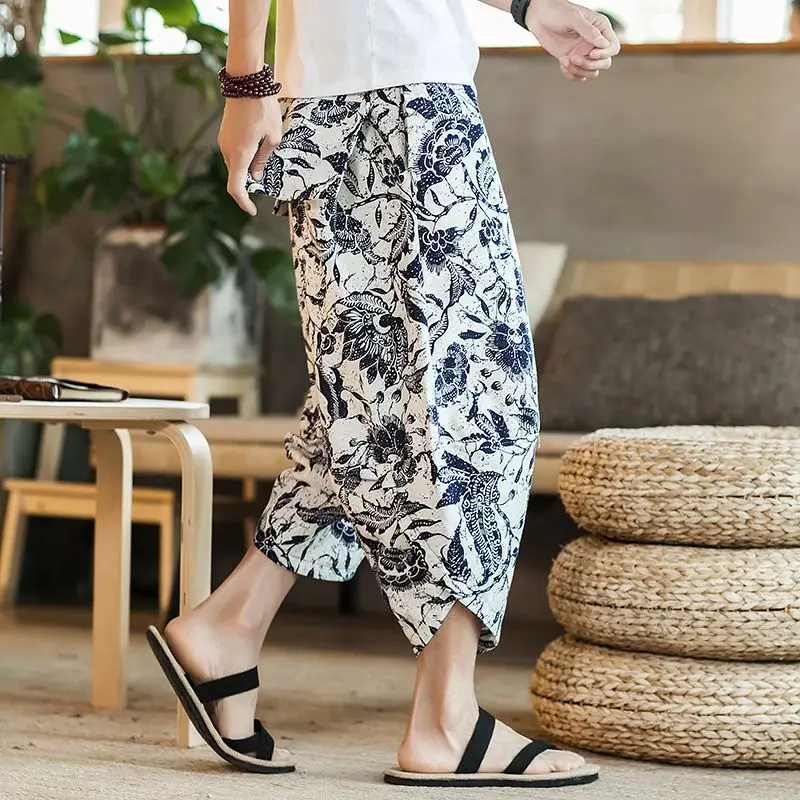 Cenoura tamanho grande linho de sete pontos masculino verão solto estilo chinês bloomers calças harém masculinas