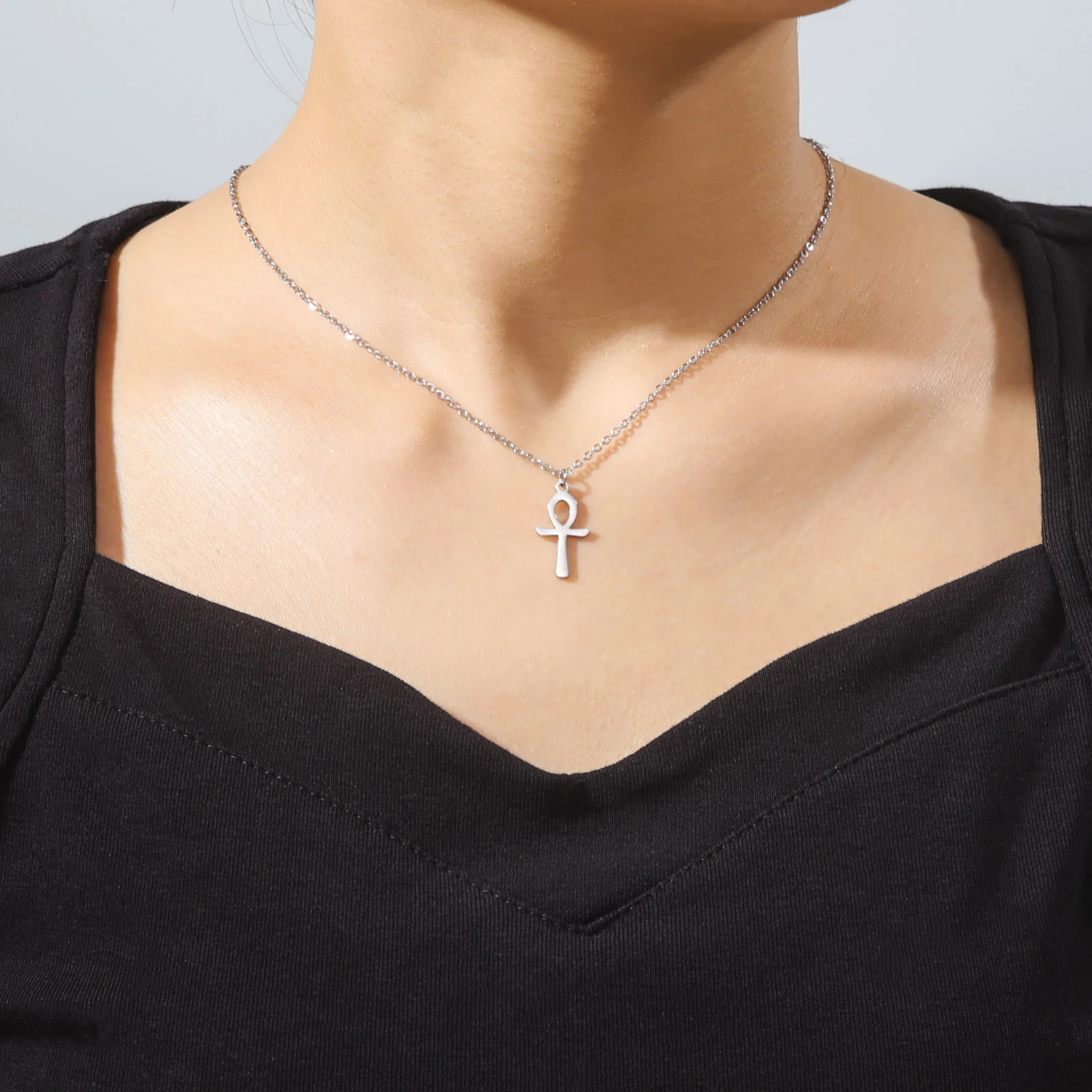 Dawapara Ankh Necklace Egypt Coptic Cross Charm Double Layer Snake Chain Stainless Steel Women Necklace Amulet Religious