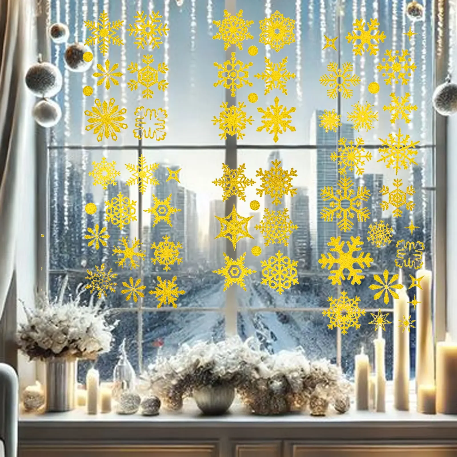 93Pcs Christmas Snowflake Double-Sided Window Stickers Sprinkled Gold Merry Christmas Ornaments Winter Decoration