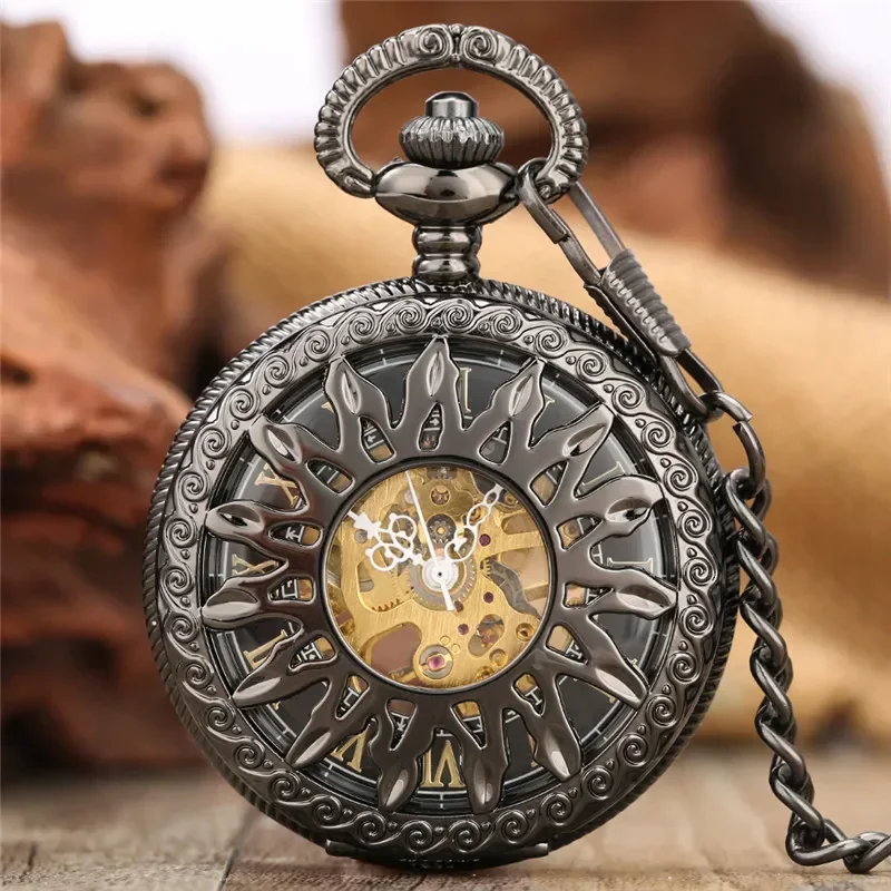 Bronze Hollow Sun Flower Black Hand Winding Mechanical Watch Pocket Watch Roman Numerals Chain Pendant Clock Relgio de bolso