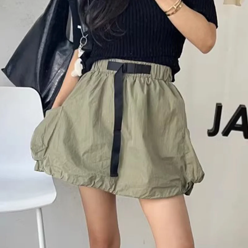 

High Waist Gray Cargo Short Skirt Women Summer New Leisure Pleating Anti-Exposure Thin A- Line Sheath Skirts Ladies