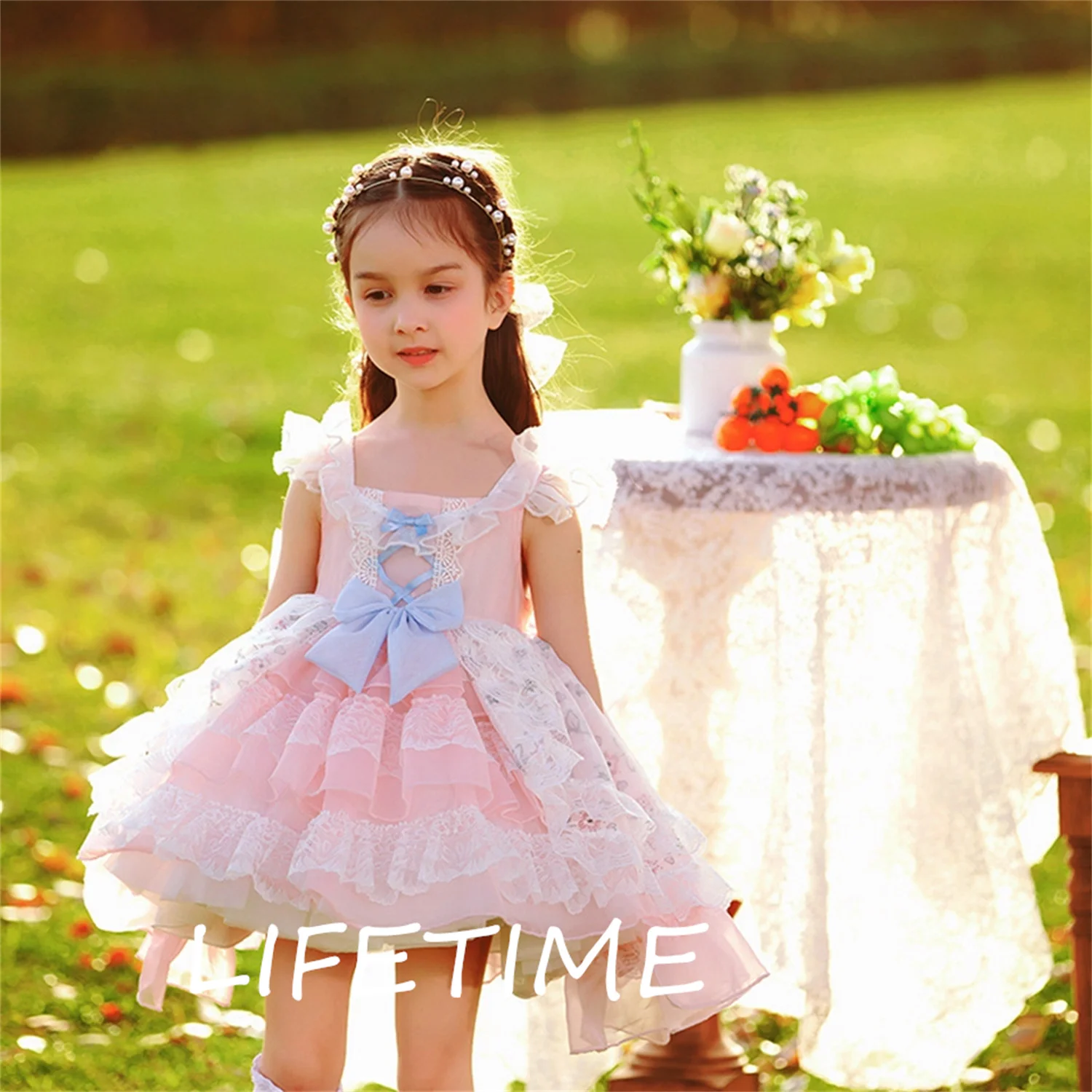 2022 Pink Flower Girl Dress Bow Short Sleeves Girls Wedding Party Dress Tulle Lace Baby Princess Ball Gown Robe Ceremonie Fille