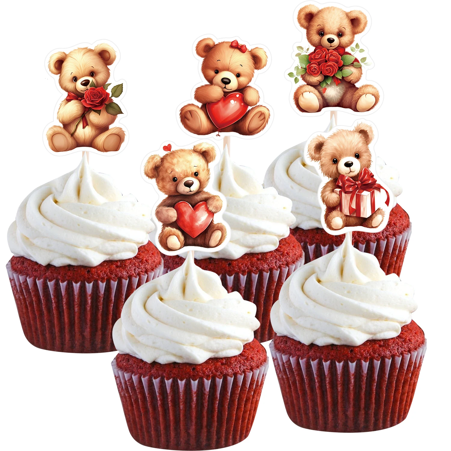 25 teile/satz Cartoon Schöne Bär Cupcake Topper Blume Bär Topper mit Bambus Stick Für Hochzeit Valentinstag Party Cupcake Decor