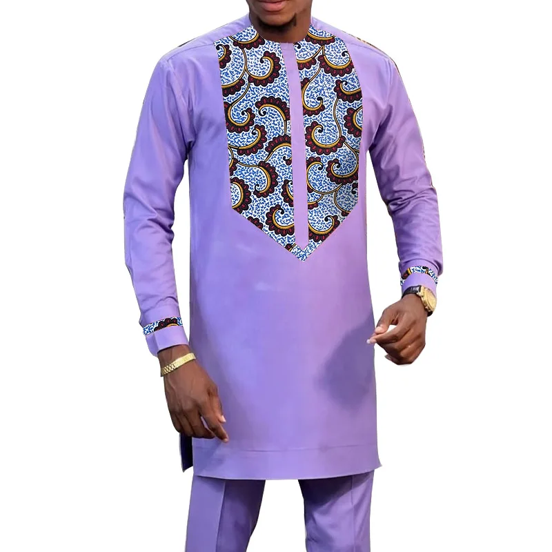 Traje de novio púrpura rosado para hombre, camisas de retazos con pantalones sólidos, moda nigeriana, trajes de boda africanos