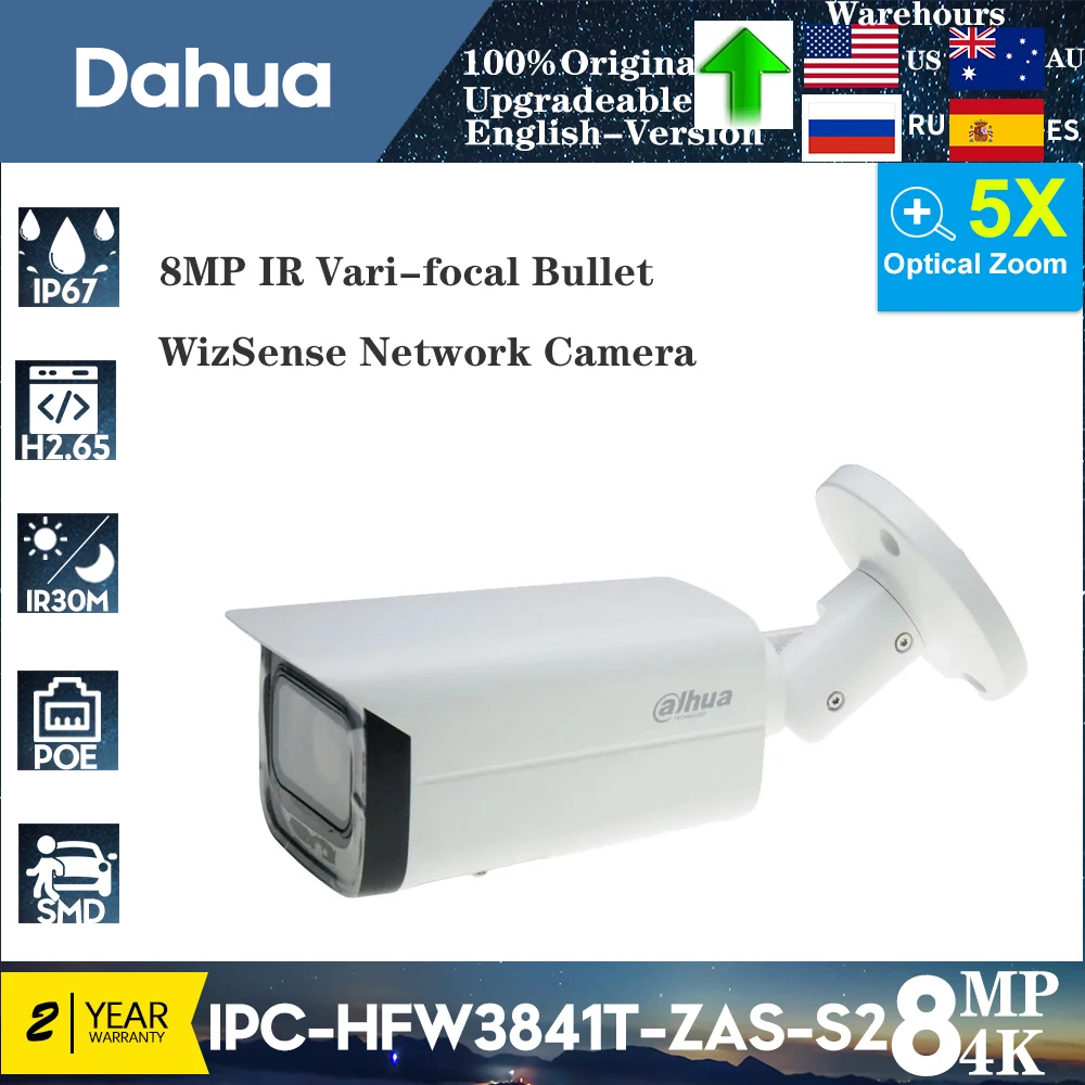 Dahua 4K 8MP IPC-HFW3841T-ZAS-S2 IP Camera IR 60M IP67 5X Zoom Motorized 2.7–13.5MM Bullet  POE SD Card Slot 2-Way Audio Alarm