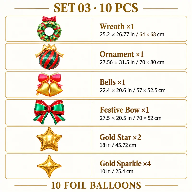 10-Piece Christmas Aluminum Foil Balloon Set, Including Christmas Wreaths, Christmas Balls, Bells, Holiday Bows, Gold Five-Pointed Stars, and Gold Glitter Four-Pointed Star Aluminum Foil Balloons, for Christmas Party Decorations