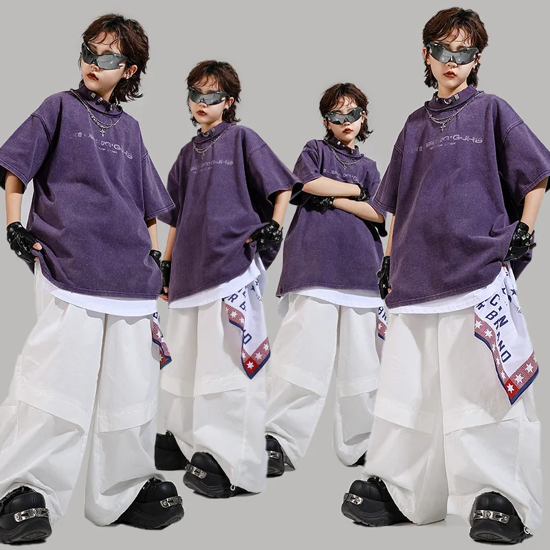 

Kid Kpop Hip Hop Clothing Purple Mock Neck T Shirt White Casual Wide Leg Pleated Pants for Girl Boy Jazz Dance Costume Clothes