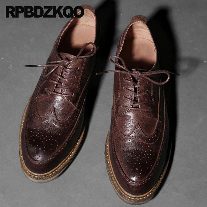 

Oxfords Men Real Leather Pointed Toe Leisure Brogue Wingtip Brown Derby Lace Up Dress Flats Rubber Sole Business Shoes Cowhide