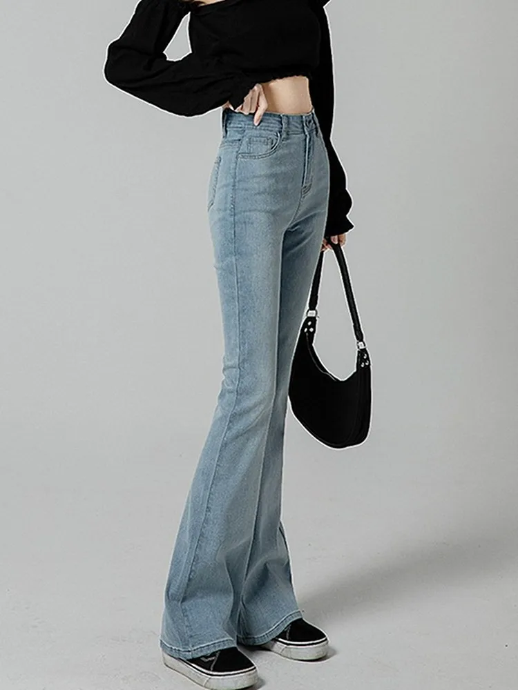 FINEWORDS Washed High Waist Vintage Casual Flare Jeans Women Korean Skinny Push Up Jeans Slim Stretch Bell Bottom Denim Pants